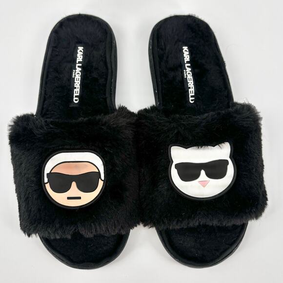 Karl Lagerfield Black Logo Fuzzy Slippers Size 7 - Picture 1 of 6